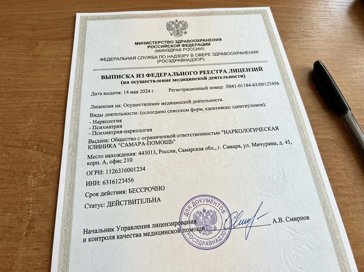 Выписка из федерального реестра лицензий Росздравнадзора, официальный документ, подтверждающий законность деятельности наркологической клиники в Самаре